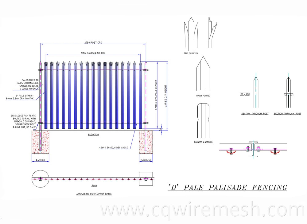 High Security W Pale Triple Pointed Hot Dipped Galvanized Steel Palisade Fencing